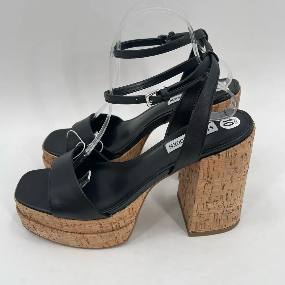 NEW STEVE MADDEN Warped Heels Size 10 Platform Leather Black Cork Y2K Inspired